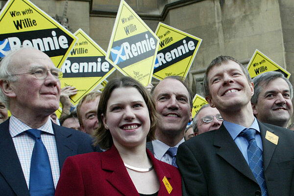 A photo of Menzies Campbell, Jo Swinson and Willie Rennie after winning the Dunfermline and West Fife by-election