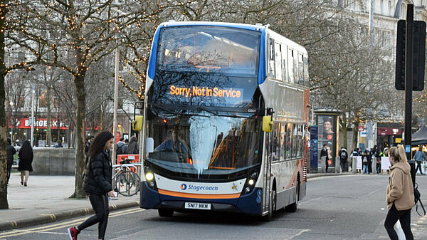 Bus with display showing 'sorry not in service'