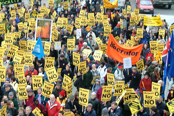 A photo of Liberal Democrats marching against the Iraq War.